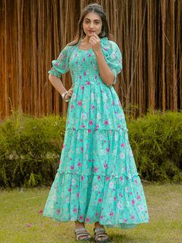 Odette - Women Light Blue Georgette Stitched Floral Indo Western Maxi Dress