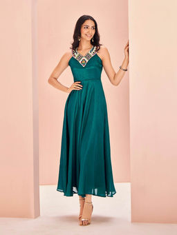 Odette - Women Teal Chinon Embroidered Stitched Maxi Dress