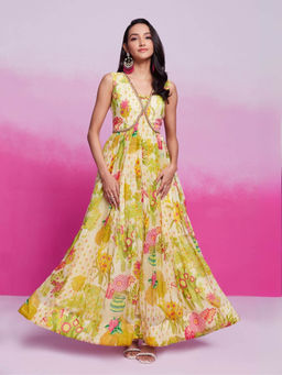 Odette - Women Green Organza Printed Gown