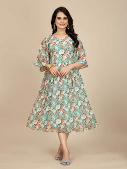 Odette - Women Green Georgette Printed Dress