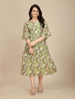 Odette - Women Green Georgette Printed Dress
