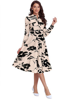 Odette - Women Beige Knit Printed Knee Length Dress
