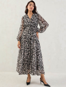 Femmella - Black Abstract Print Wrap Maxi Dress