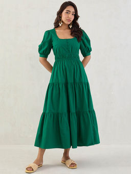 Femmella - Green Poplin Smocked Maxi Dress