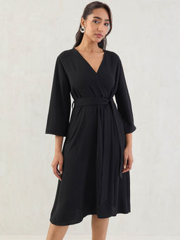 Femmella - Black Wrap Dress with Belt (Set of 2)