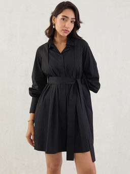 Femmella - Black Poplin Pleated Mini Dress