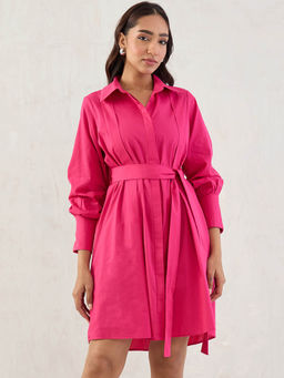 Femmella - Hot Pink Poplin Pleated Mini Dress with Belt (Set of 2)