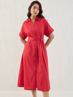 Femmella - Red Poplin Shirt Dress with Belt (Set of 2)