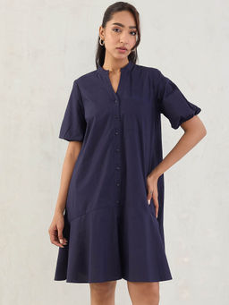 Femmella - Navy Poplin Button Down Knee Length Dress