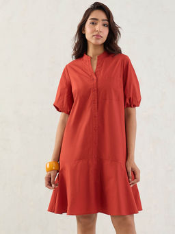 Femmella - Rust Poplin Button Down Knee Length Dress