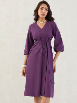 Femmella - Deep Purple Poplin V-Neck Dress