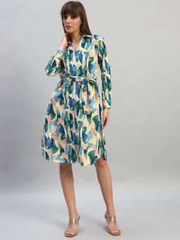 Cantabil - Women Printed Multi Collared Neck Full Sleeves Casual Knee Length Dress