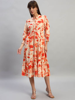 Cantabil - Women Printed Orange Mandarin Neck Casual Dress