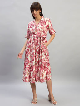 Cantabil - Women Printed Off-White Notched Lapel Half Sleeves Knee Length Dress