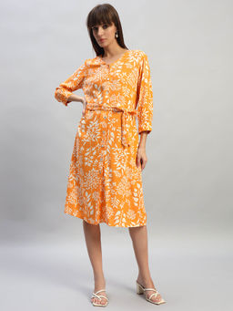 Cantabil - Women Printed Orange V-Neck Casual Knee Length Dress