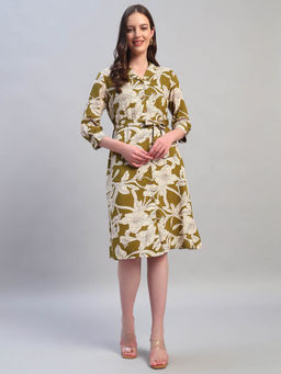 Cantabil - Women Printed Green Notched Lapel Casual Knee Length Dress