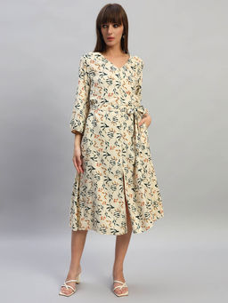 Cantabil - Women Printed Cream V-Neck Casual Dress