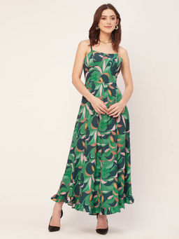 Moomaya - Green Sleeveless Sweetheart Neck Printed Elegant A-Line Maxi Dress