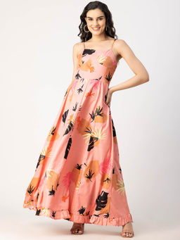 Moomaya - Pink Sleeveless Sweetheart Neck Printed Elegant A-Line Maxi Dress