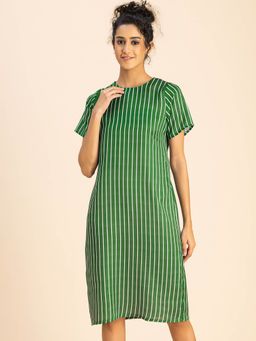 Moomaya - Green Short Sleeve Round Neck Striped Stylish Bodycon Knee Length Dress
