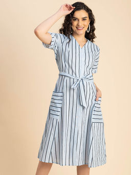 Moomaya - Blue Short Sleeve V Neck Cotton Casual A-Line Knee Length Dress with Belt (Set of 2)