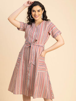 Moomaya - Multi-Color Short Sleeve V Neck Cotton Casual A-Line Knee Length Dress with Belt (Set of 2)
