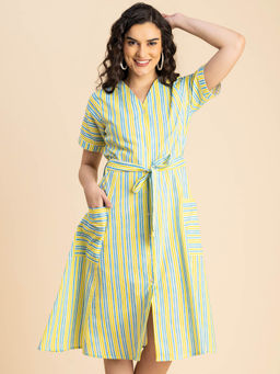 Moomaya - Yellow Short Sleeve V Neck Cotton Casual A-Line Knee Length Dress with Belt (Set of 2)