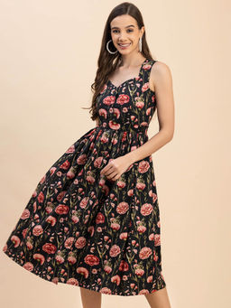 Moomaya - Multi-Color Sleeveless Sweetheart Neck Flared Cotton Trendy Knee Length Dress