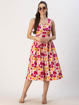 Moomaya - Pink Sleeveless Sweetheart Neck Flared Cotton Trendy Knee Length Dress