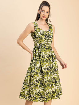 Moomaya - Olive Sleeveless Sweetheart Neck Flared Cotton Trendy Knee Length Dress