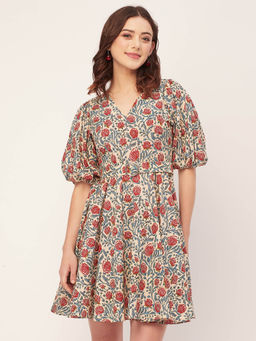 Moomaya - Red Women Short Sleeves V Neck Cotton Stylish Fit and Flare Knee Length Dress