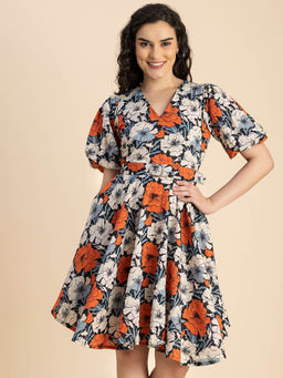 Moomaya - Black Women Short Sleeves V Neck Cotton Stylish Fit and Flare Knee Length Dress