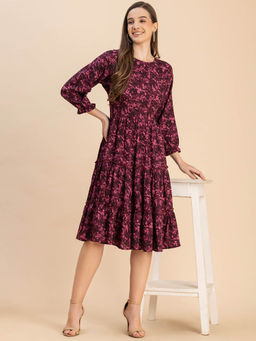 Moomaya - Wine Women Long Sleeves Round Neck Printed Rayon Casual Knee Length Dress