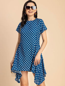 Moomaya - Blue Stylish Polka Dotted Georgette Short Sleeve Asymmetric Cocktail Mini Dress