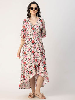 Moomaya - Cream Women V Neck Printed Rayon Wrap Maxi Dress