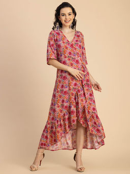 Moomaya - Pink Women V Neck Printed Rayon Wrap Maxi Dress