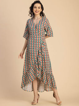 Moomaya - Teal Women V Neck Printed Rayon Wrap Maxi Dress