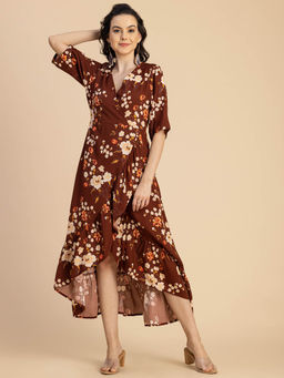 Moomaya - Brown Women V Neck Printed Rayon Wrap Maxi Dress