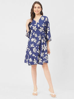 Moomaya - Blue Women V Neck Floral Rayon Wrap Knee Length Dress