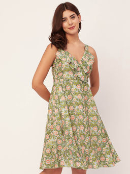 Moomaya - Green Women V Neck Sleeveless Floral Georgette Summer Knee Length Dress