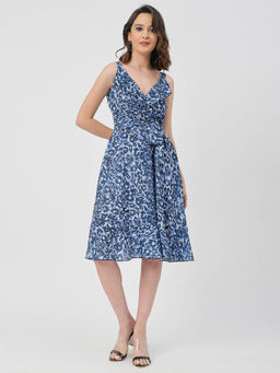 Moomaya - Blue Women V Neck Sleeveless Printed Georgette Summer Knee Length Dress