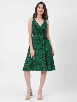 Moomaya - Green Women V Neck Sleeveless Animal Print Georgette Summer Knee Length Dress