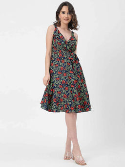 Moomaya - Navy Blue Women V Neck Sleeveless Floral Georgette Summer Knee Length Dress