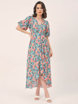 Moomaya - Blue Women V Neck Wrap Floral Georgette Short Sleeve Wrap Maxi Dress