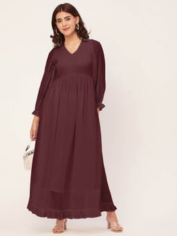 Moomaya - Brown Elegant Solid Long Sleeve V Neck Empire Waist Evening Wear Maxi Dress