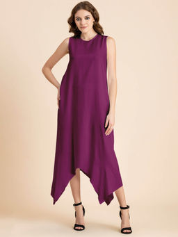 Moomaya - Magenta Contemporary Asymmetric Round Neck Solid Rayon Loose Fit Day Maxi Dress