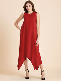 Moomaya - Red Contemporary Asymmetric Round Neck Solid Rayon Loose Fit Day Maxi Dress