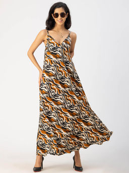 Moomaya - Black Stylish Animal Print Rayon Sleeveless A-Line V Neck Summer Maxi Dress