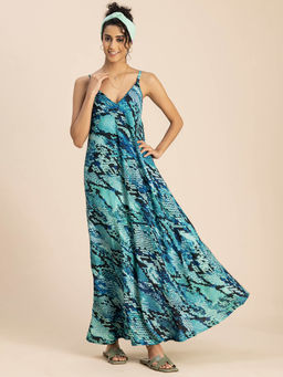 Moomaya - Teal Stylish Animal Print Rayon Sleeveless A-Line V Neck Summer Maxi Dress