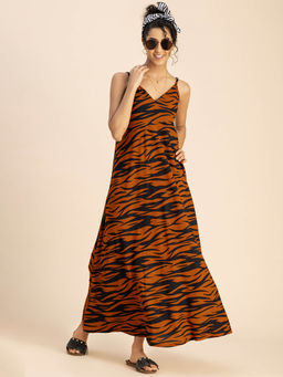 Moomaya - Brown Stylish Animal Print Rayon Sleeveless A-Line V Neck Summer Maxi Dress